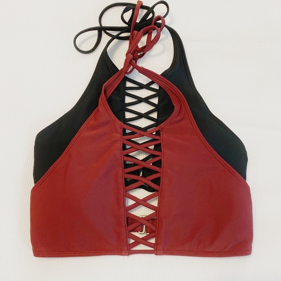 Hollister Bikini Top Cross Cross Halter Black Burgundy Size XS Bundle - Picture 1 of 10